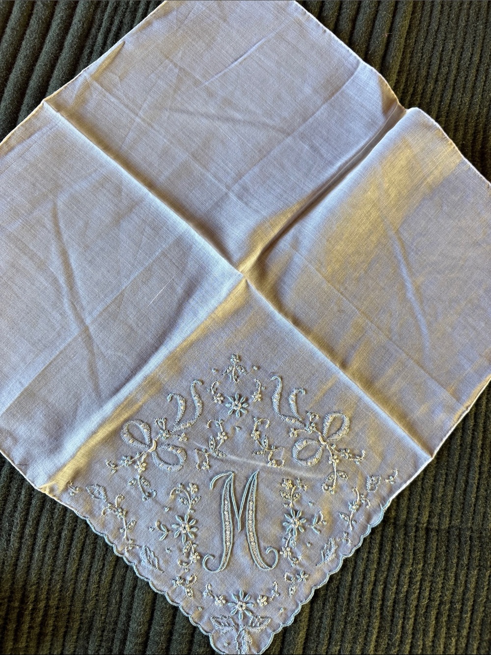Monogrammed White Linen Handkerchief with Embroidered 'M'